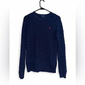 Ralph Lauren Navy Cable-Knit Crewneck Sweater with Red Pony